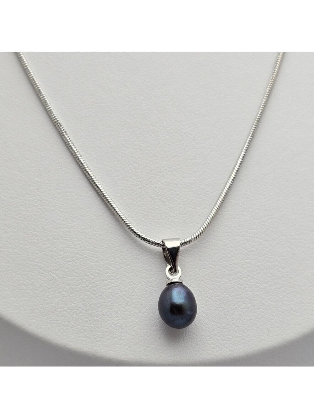 Freshwater Black Dark Real Pearl Necklace 18” Silver Plated Snake Chain NWOT